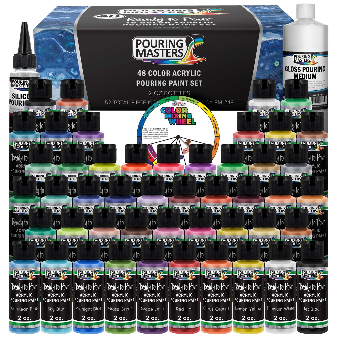 48 Color Metallic Ready to Pour Acrylic Pouring Paint Set, 2oz Bottles, Acrylic Paint Pour Supplies - Silicone Oil & Gloss Medium, Premium Pre-Mixed High Flow 8-Ounce Bottles
